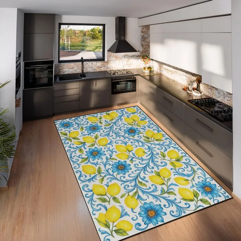 Mediterranean Mosaic Tile Kitchen Rug Lemon Tea Pot Floral Art Carpet For Dining Room Luxury Entrance Welcome Doormat Floor Mat