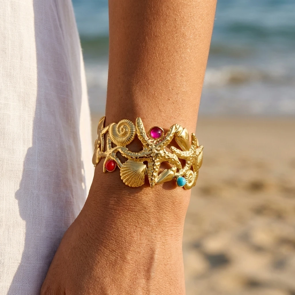 Exaggerated Metal Shell Starfish Open Bangles for Women Stainless Steel Hollow Geometry Wrap Cuff Bracelet Summer Wrist Jewelry