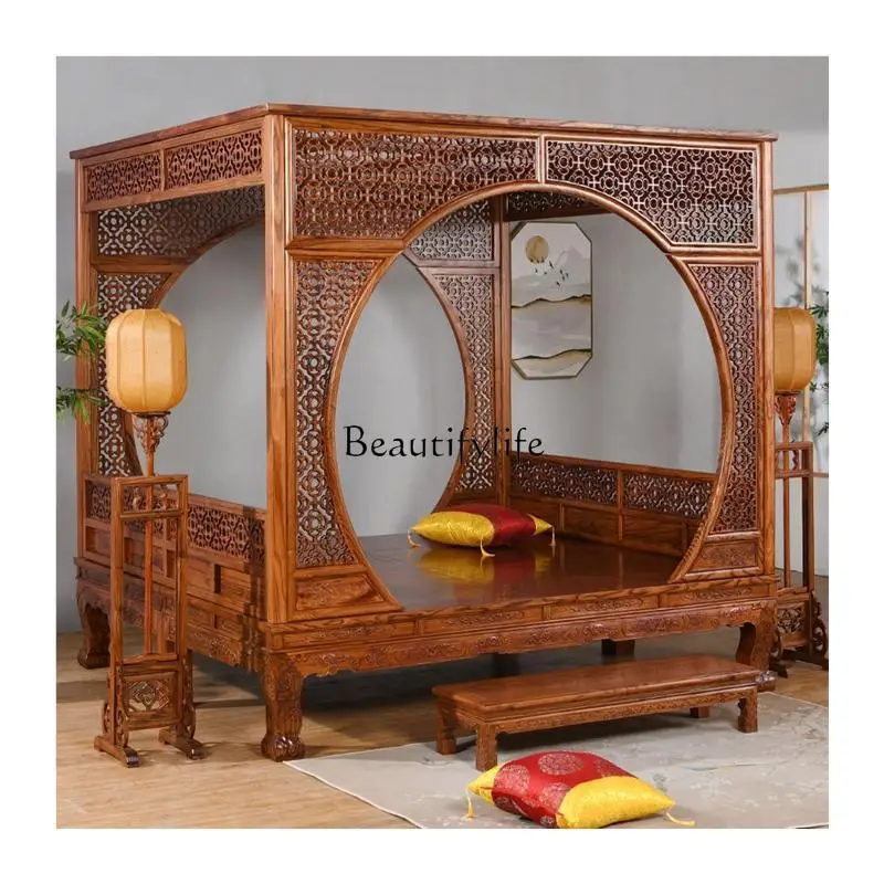 

*Full solid wood shelf bed antique mahogany Nanyu wood carving Huayue hole double thousand working step bed new Chinese step bed