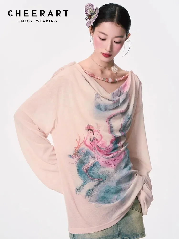 

CHEERART Beading Designer Oversize Graphic T Shirts Women Backless Cowls Long Sleeve Tees Fashion Knit Top Fall 2025 Fashion