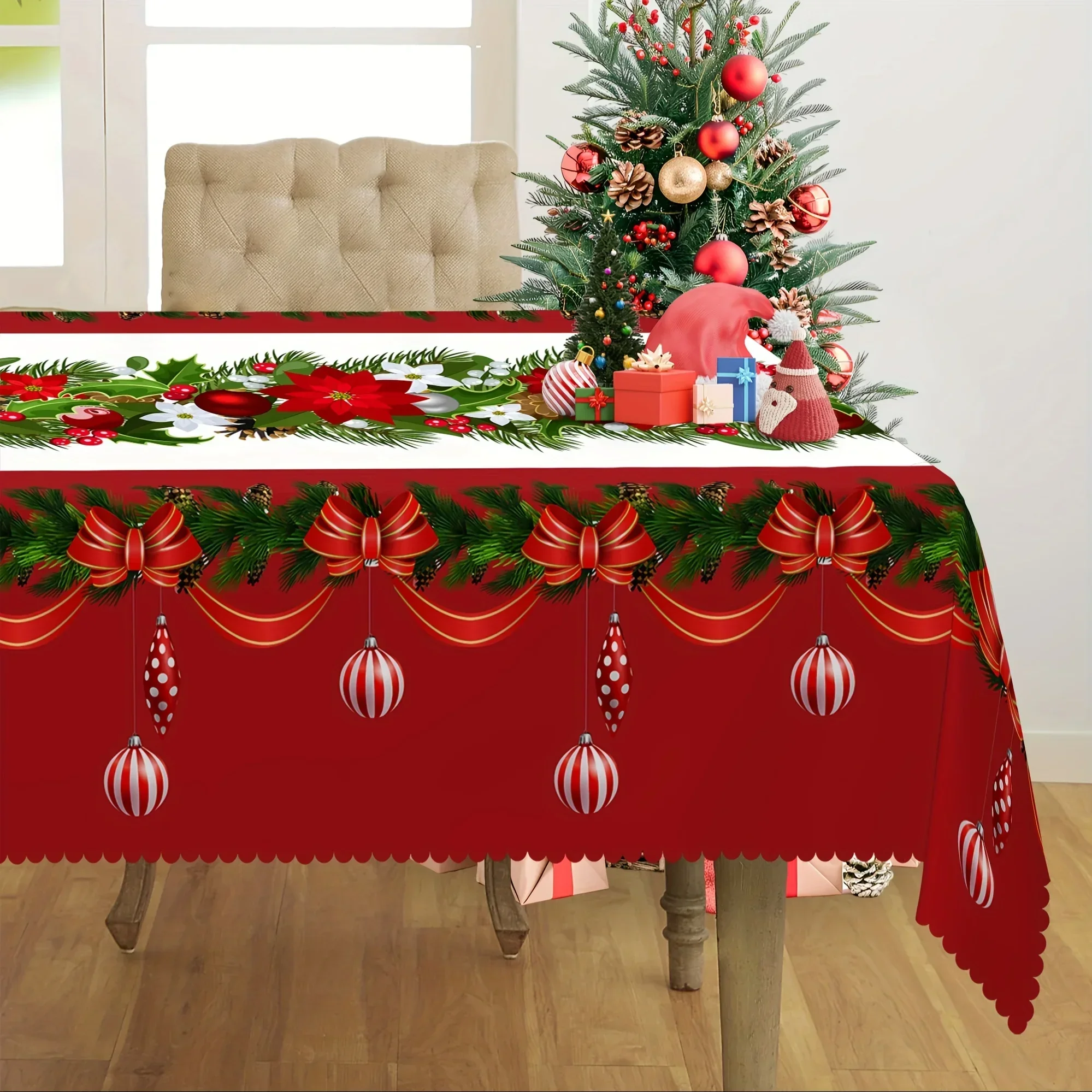 Christmas Pine Needle Bells Rectangle Tablecloth Holiday Party Decor Reusable Waterproof Dining Tablecloth Christmas Decorations