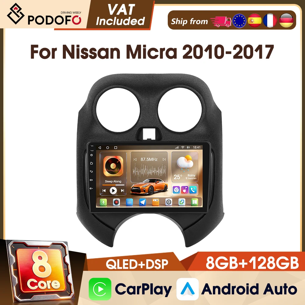 Podofo Android CarPlay Wireless 8 Core 8+128G 2Din Autoradio per Nissan Micra 2010-2017 WIFI AM FM RDS GPS DAB CarPlay Android Auto 4G 9" Lettore Autoradio