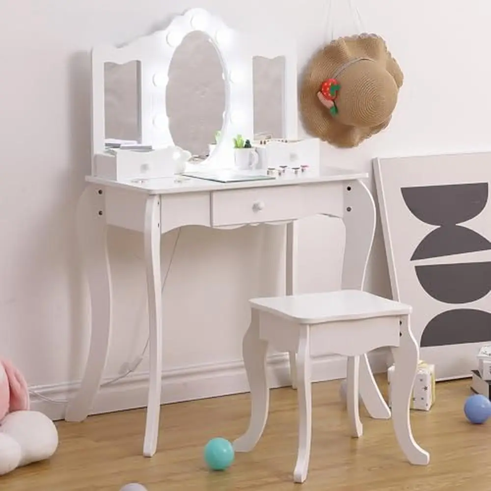 Kids Vanity Table Tri-Folding Mirror Light Stool Drawer 2 in 1 Wooden Princess Makeup Desk Dressing Table Safe Stable Durable