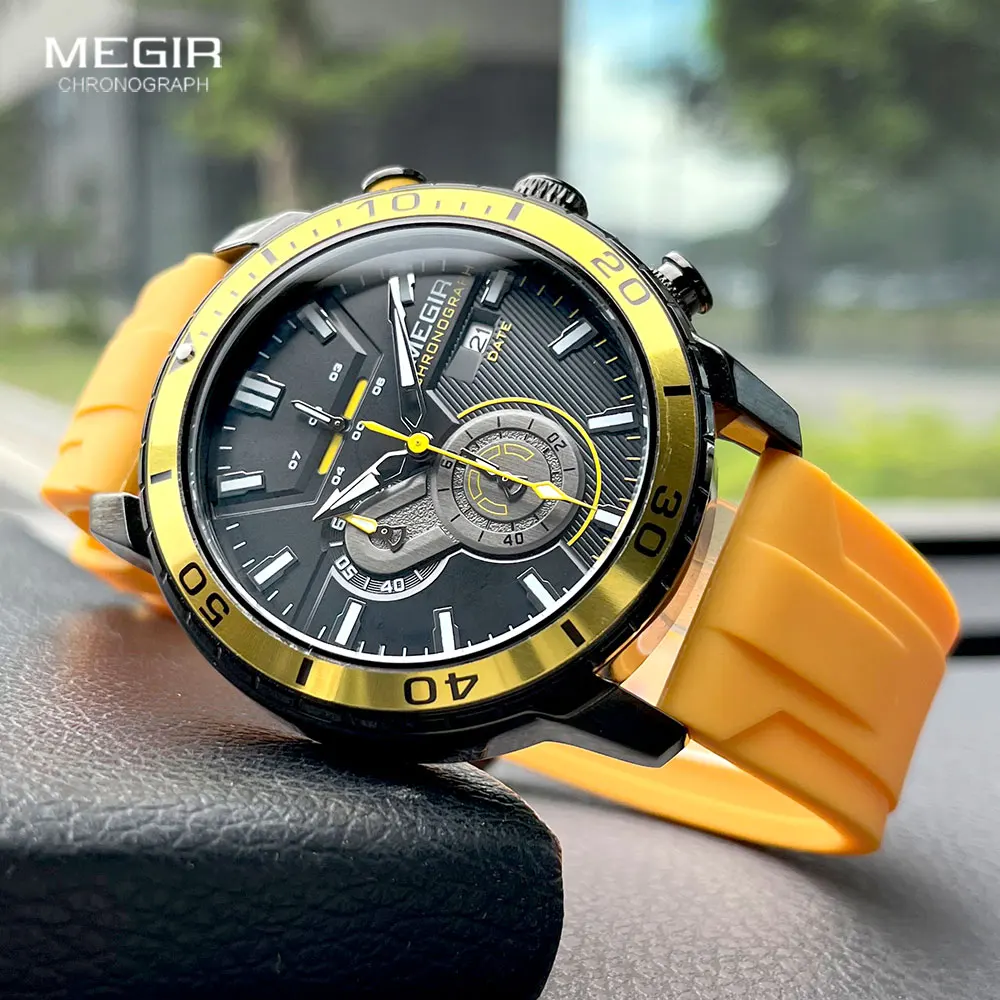 MEGIR Yellow Sport Quartz Watch for Men Fashion Waterproof Chronograph Wristwatch with Silicone Strap Auto Date Luminous Hands