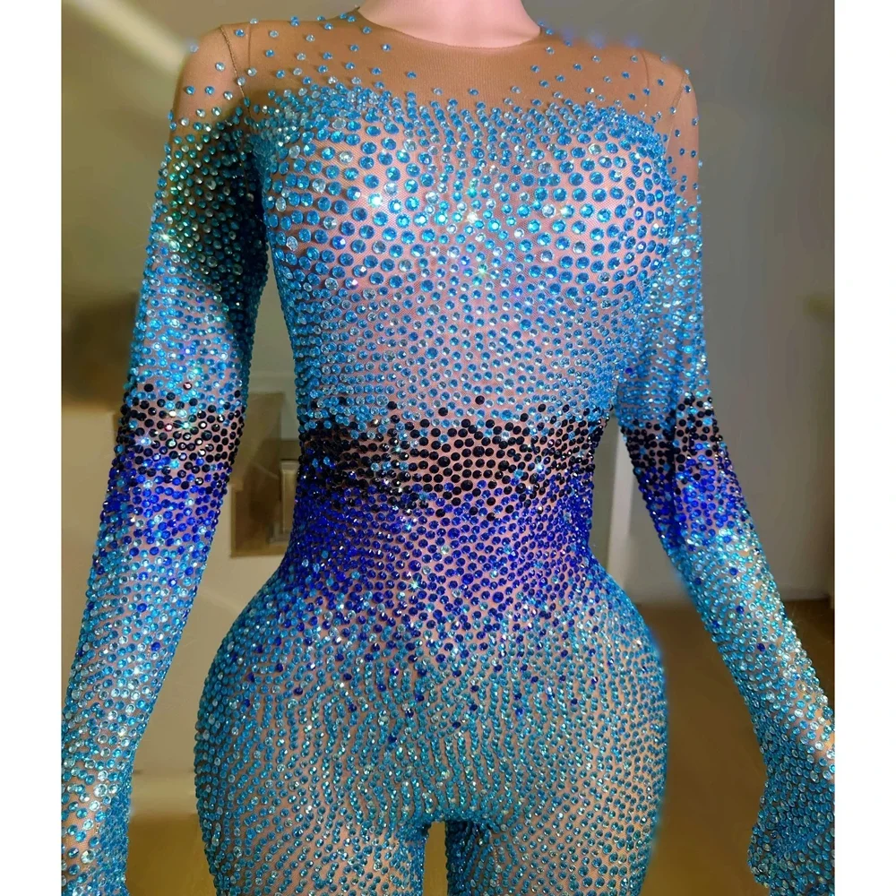 Luxurious Rhinestones Jumpsuit with Gloves Women Sexy Mesh Birthday Celebrate Outfit Singer Dancer Performance Costume Show Wear