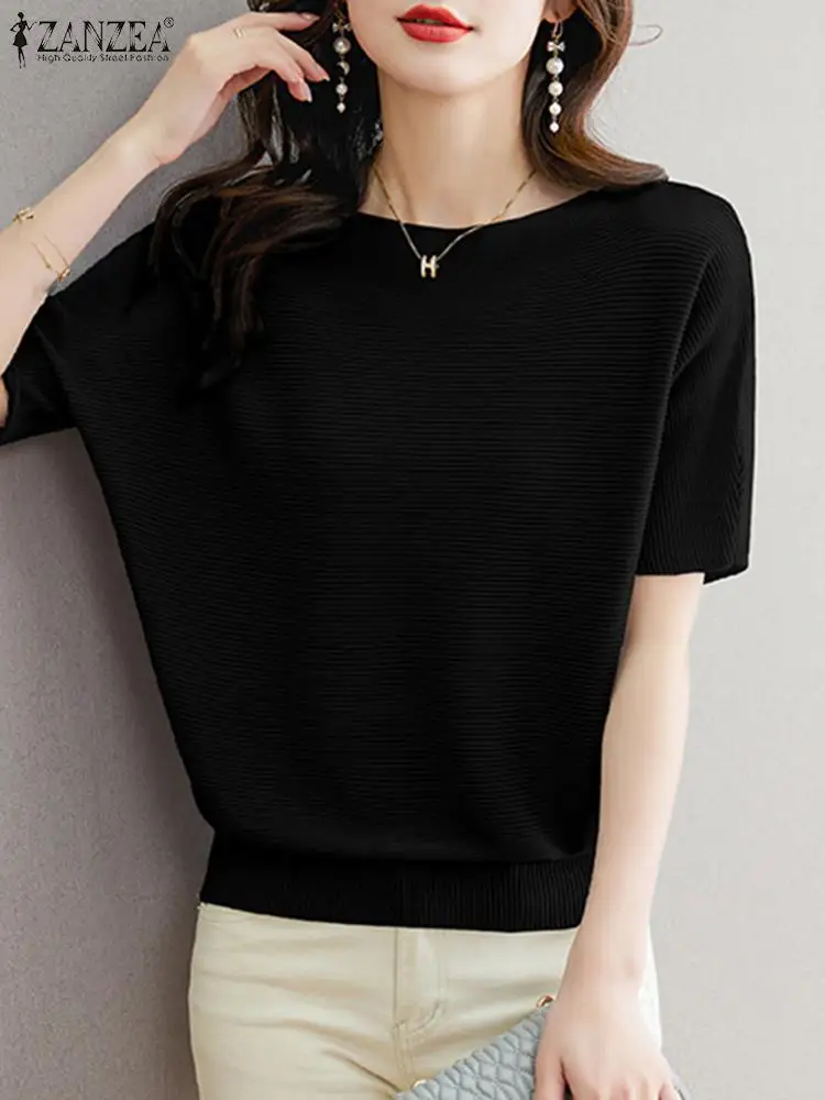 

ZANZEA Elegant Korean Fashion Blusas OL Ribbed Casual Loose Solid Color Shirts Women Half Sleeve Boat Neck 2024 Summer Blouses