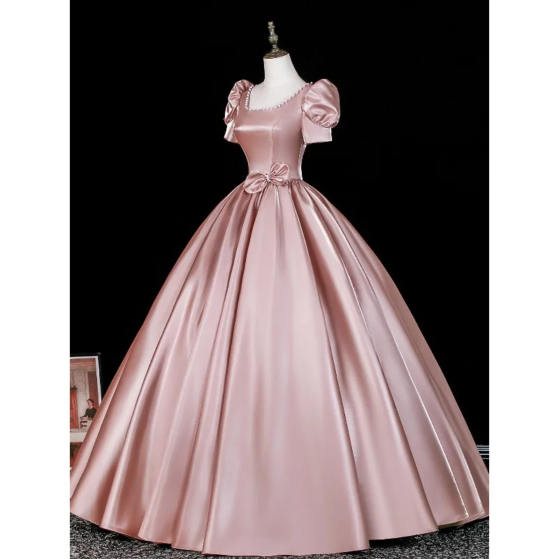 2026 Summer Women's New Vintage Satin Square-Neck Evening Gown Fashion Slimming Sexy Backless Long Bubble Sleeve Dress view 3