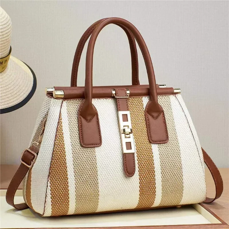 BBA078 tas selempang bahu tunggal wanita, tas tangan kasual populer modis warna kontras bergaris