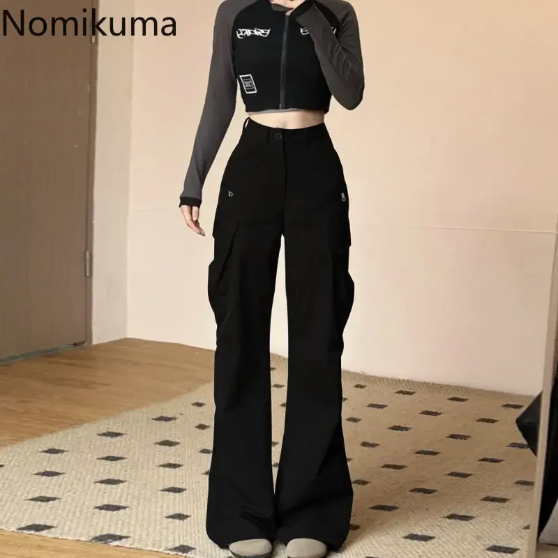 Korean Cargo Pants for Women High Waist Pockets Casual Fashion Trousers 2024 New Bottoms High Waist Black Vintage Pantalon Femme