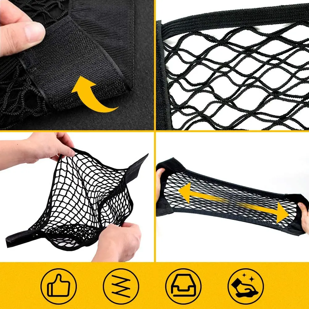 2023 Car Back Rear Mesh Trunk Seat Elastic String Net Magic Sticker Universal Storage Bag Pocket Cage Auto Organizer