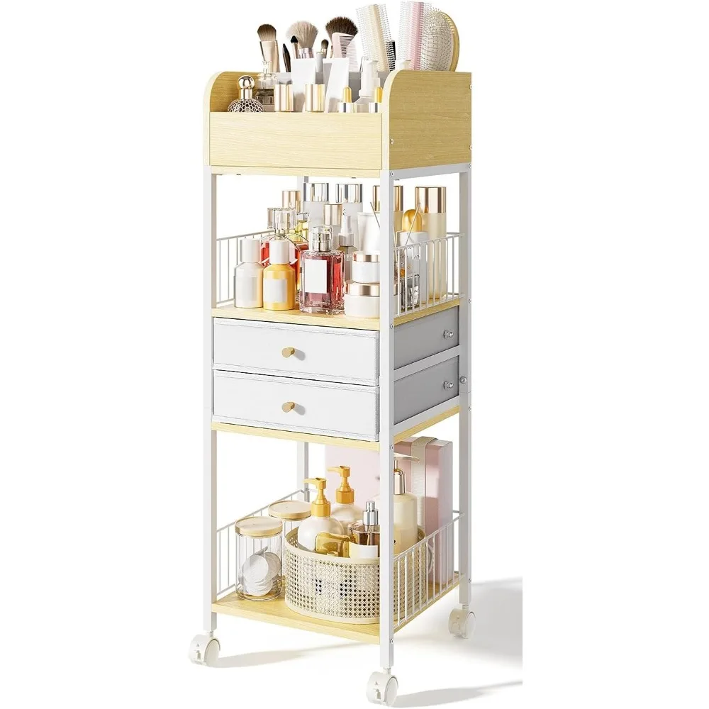 

Portable Makeup Organizer Cart with Drawers and Wheels for Bathroom, Kitchen, and Home Storage in White