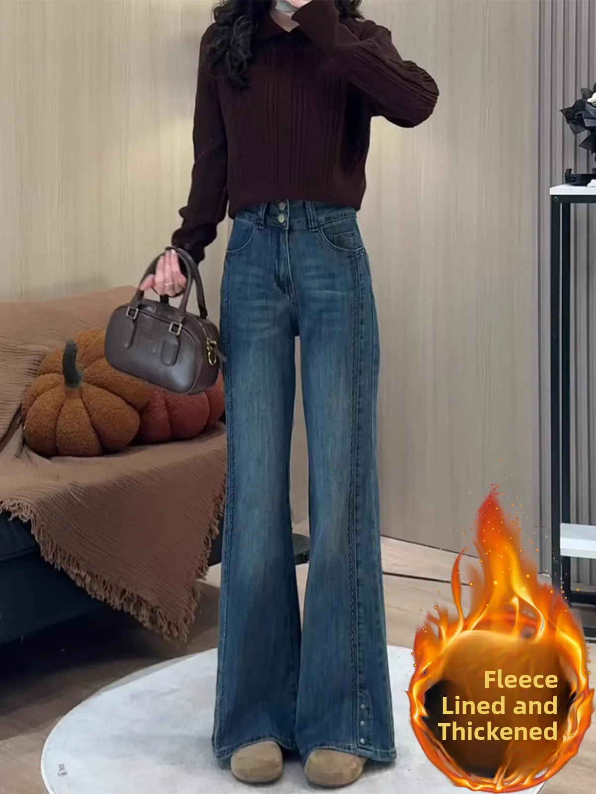 

Blue Fce High Waist Straight Leg Bell Bot Jeans Women's Spring New American Sle Slimming Bell Pants Casual Denim