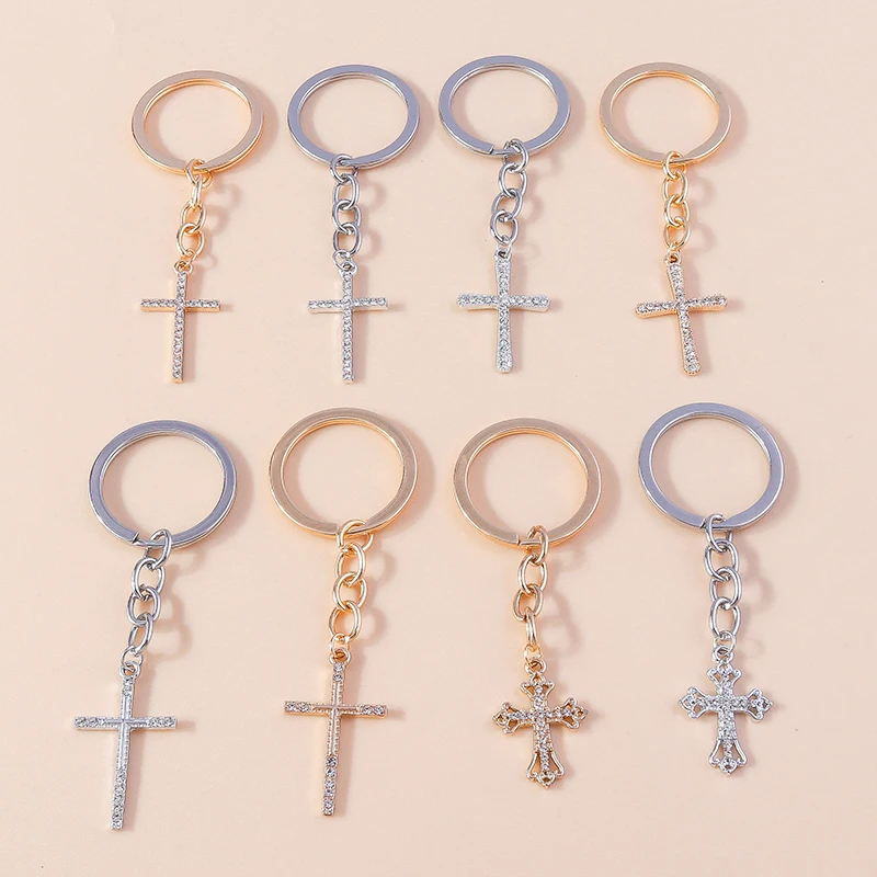 Chic Crystal Cross Keychain Jesus Religious Key Ring Pendants for Car Keyholder Handbag Pendant DIY Jewelry Accessories