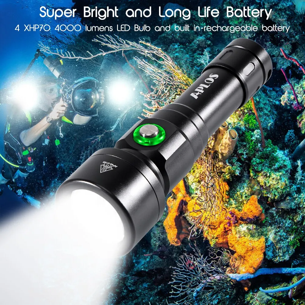 APLOS AP40 Scuba Diving Flashlight XHP70 Super Bright 4000 Lumens LED Dive Torch IPX8 Waterproof Underwater 150m 492ft Lantera