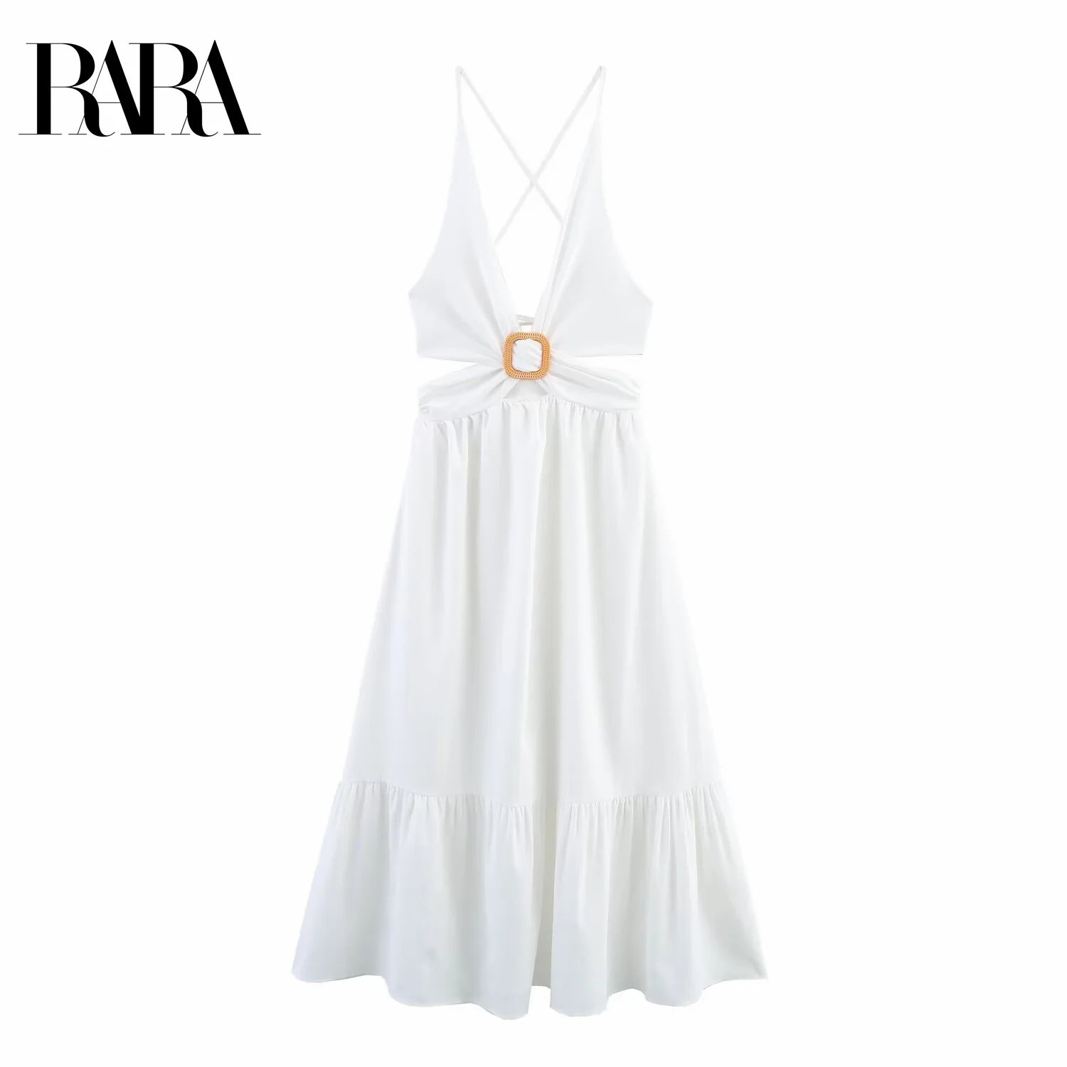

RARA Womens Sexy and Elegant Solid Color V Neck Spaghetti Strap Mid Length Dress with Backless Tie Decoration