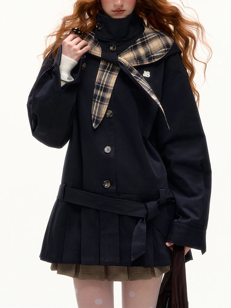 

Women's Autumn Winter Vintage Gingham Belted Stand Collar Coat Rabbit Ear Hat Detachable Long Sve Polyester Fiber Coat