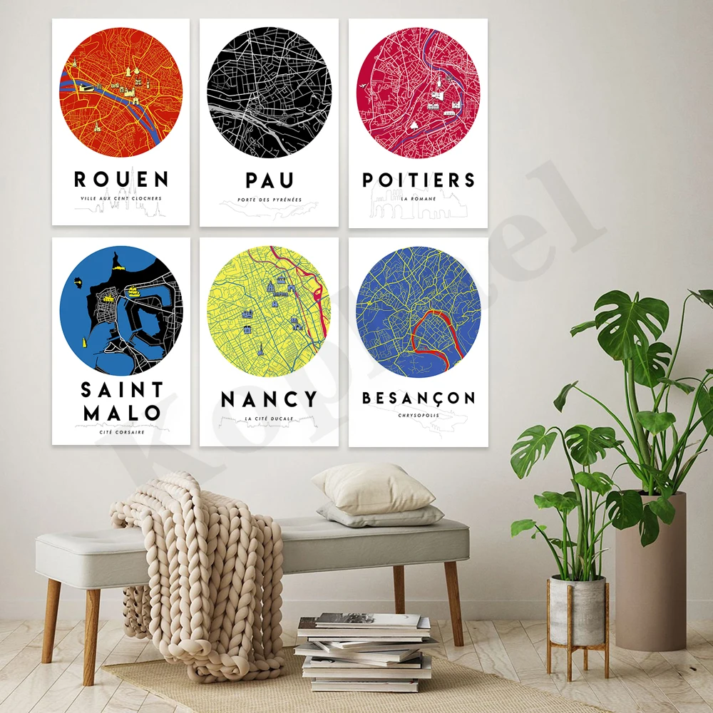 بيسانسون نانسي سانت مالو بويتييرس باو رووان. خريطة المدينة. ديكور جدران المنزل ملصق فني