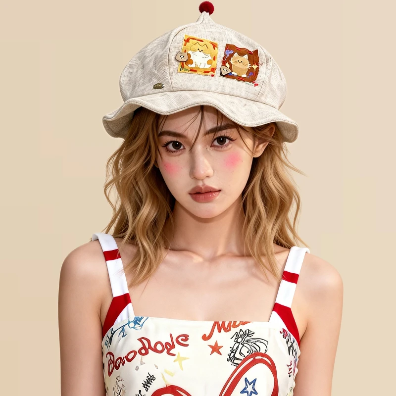 Koreanische niedliche Cartoon-Katzen-Leinen-Baumwoll-Patch-Kürbis-Bucket-Hüte für Damen – achteckige Hexen-Hüte für Frühling, Sommer und Reisen mit Sonnenschutz – Detail 4