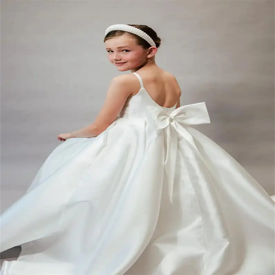 

Ivory Mikado Wedding Flower Girl Dress Backless Open Back Couture Kids Dress Princess Birthday Party Dress with Train/Bow/Pocket