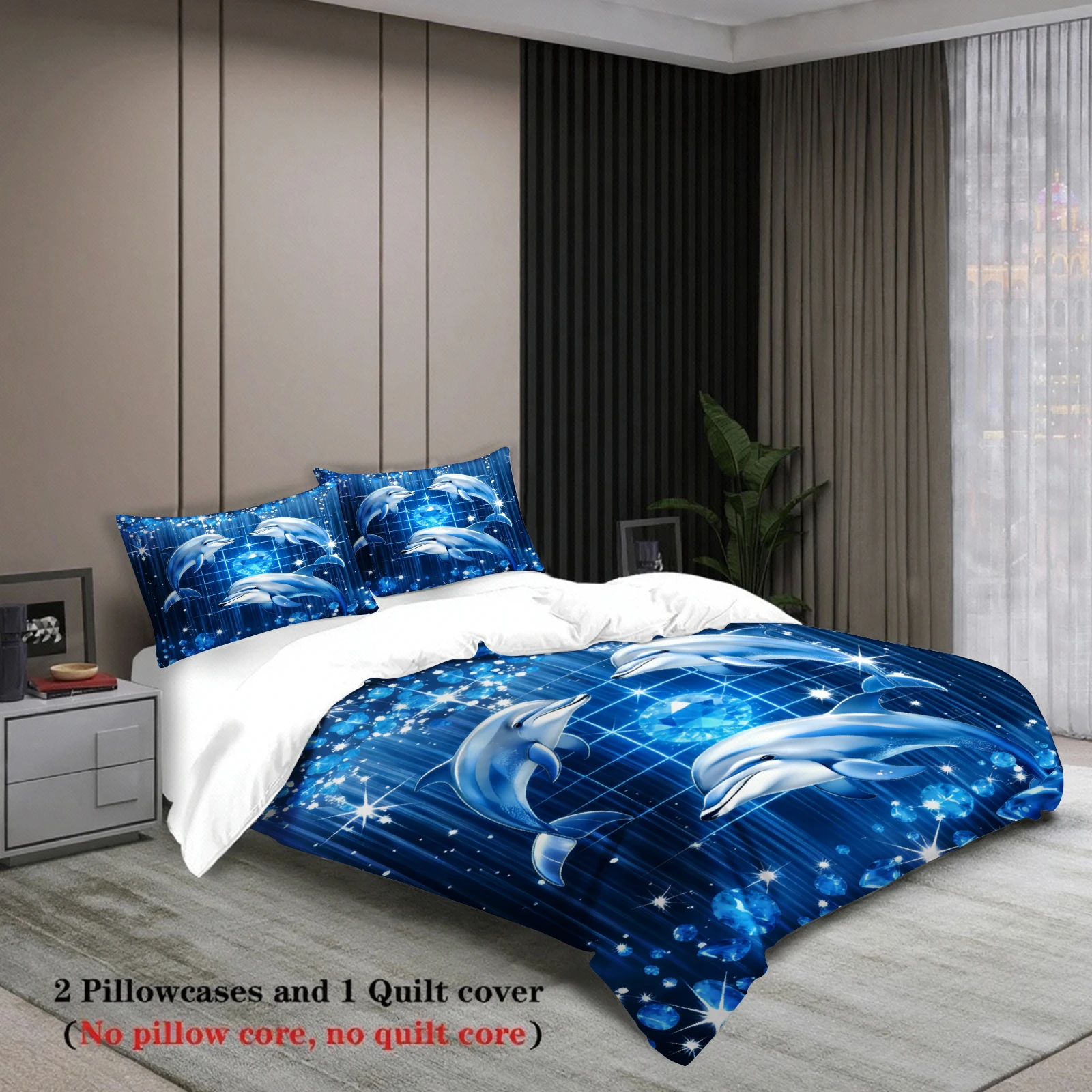 Dolphin Print Bedding Set Blue Ocean Dolphin Pattern Bedding With Duvet Cover & Pillowcases For Bedroom