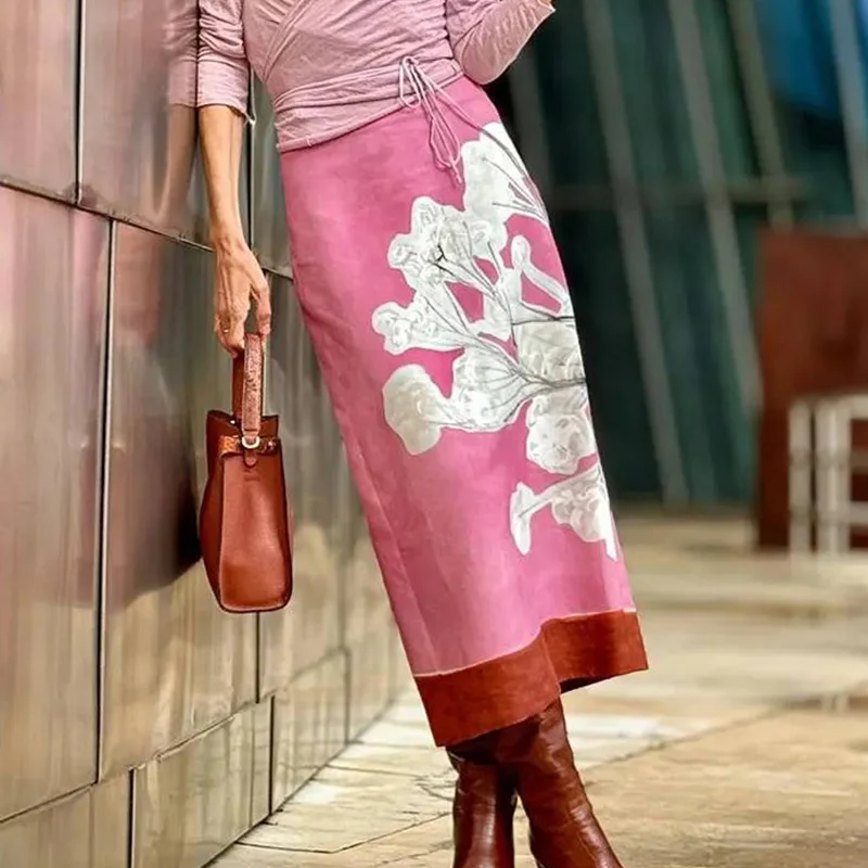 Summer Woman\'s Elegant Pink Floral Printed Skirt Vintage Mid-Waist Hem Slit Midi Pencil Skirts Zipper Female Casual Long Skirt