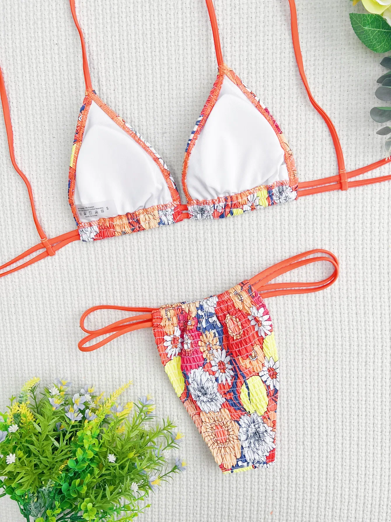 Orange Print 2-piece Swimsuit for Women 2024 New V-neck Suspender Backless Thong Bikini Triangle Cup Lace-up Straps Swimwear