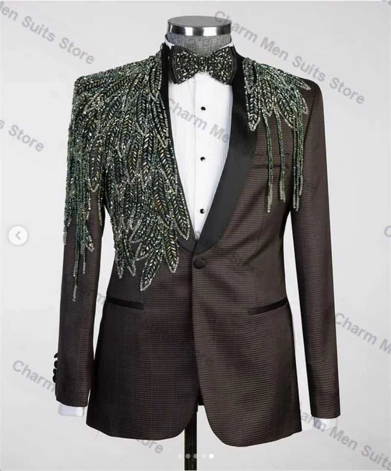 

Brown Houndstooth Men Suits Pants Set 2 Pieces Crystal Blazer+Black Trousers Customized Wedding Tuxedo Formal Office Prom Jacket