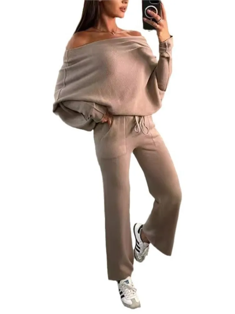 Autumn Winter Fashion 2Pcs/Sets Women Off Shoulder Bat Sleeves Sweatshirt Elastic Waist Flared Sweatpants Casual Tracksuit Suit