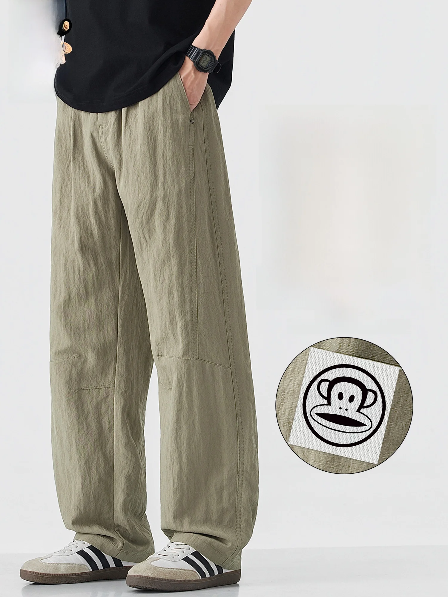 

PaulFrank Breathable Linen Casual Pants Men Summer Loose Straight Leg Trousers American Sle Youthful Vitali Khaki Color