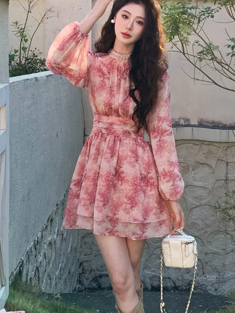 

Women's New Elegan Print t Dresse Fashion A-Line O-Neck Lantern Sleeve Slim Waist Short Vestidos FrenchCasual Holiday Summer