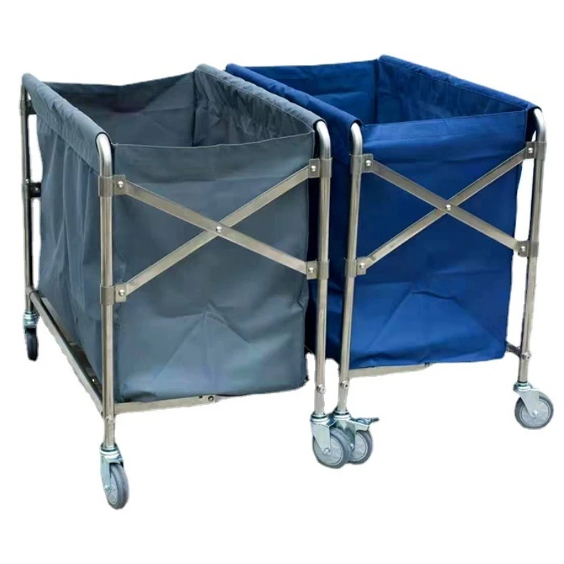 Hotel Room Service Foldable Stainless Steel Laundry Dirty Clothes Universal Carts Housekeeping Linen Cleaning Cart