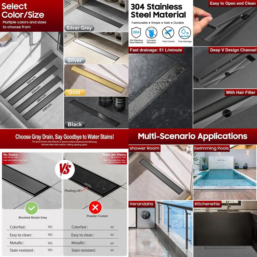 

Линейный душевой трап из нержавеющей стали 24 дюйма с регулируемыми опорами и вставной панелью под плитку