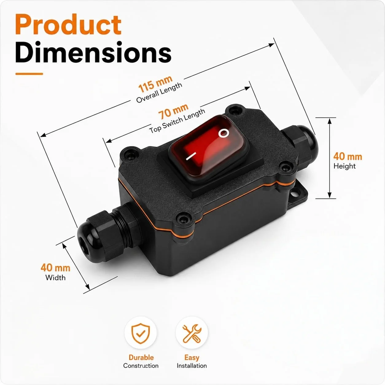IP67 Waterproof 12V Inline Toggle Switch, DC 12V-24V with Red LED Rocker Indicator, 20A Rating, Double-Sided Wiring (In/Out)