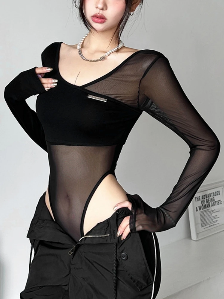 Black See Through Lingerie Sexy Long Sleeve One-Pieces Corset Top Autumn Bodys Para Mujer De Vestir V-Neck Backless Bodysuit