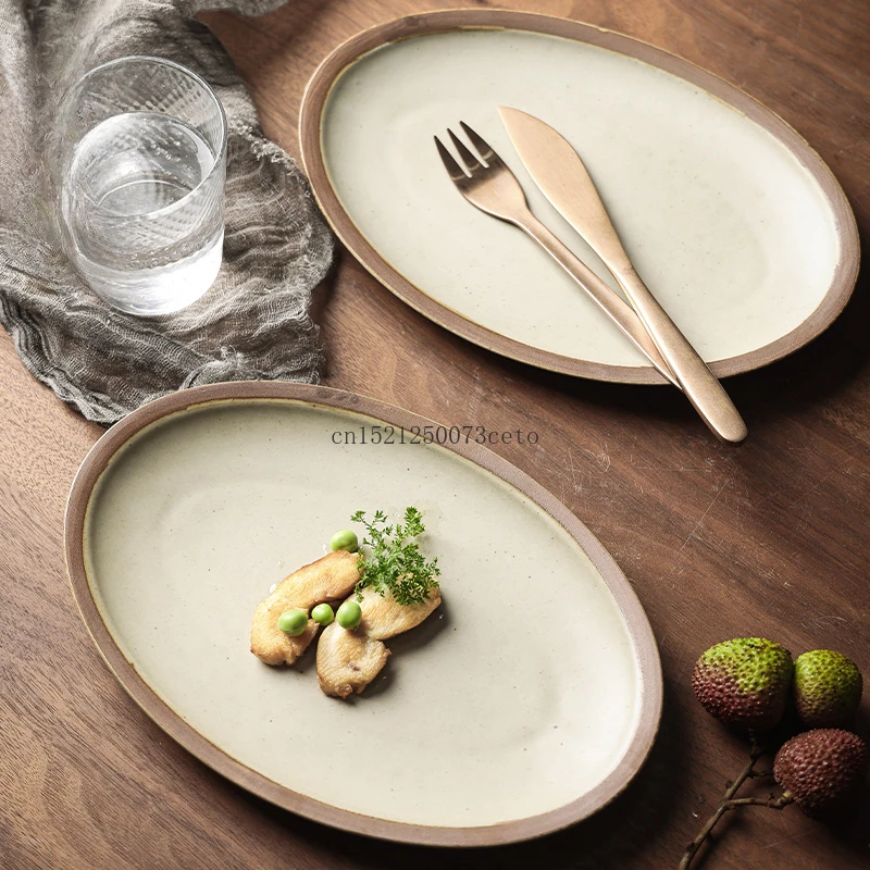 10/12 inch Japanese oval ceramic plate home steaming fish plate coarse ceramic tableware creative large handmade dining plate