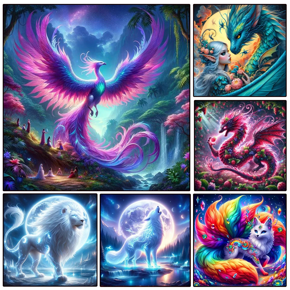 Diamond Mosaic Painting Jewels Embroidery Cross Stitch Kit Fantasy Animals Dragon Phoenix Wolf lion Fox Wall Decor Rhinestone