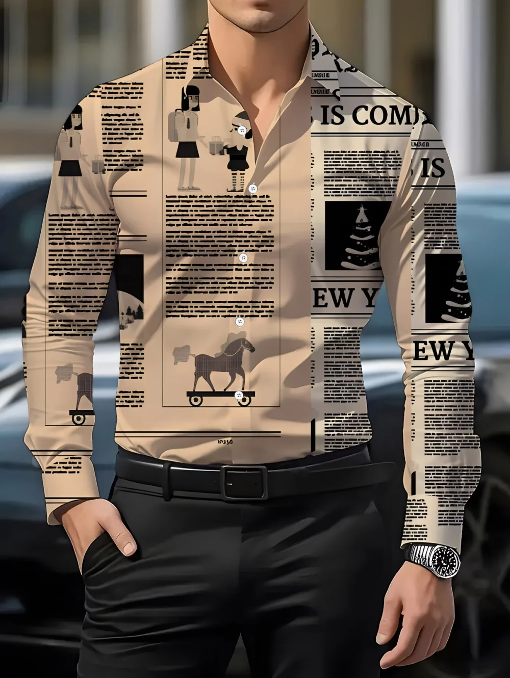 

Men's Long Sleeved Shirt Retro Style Old Newspaper Print Shirt Casual Comfortable Versatile Breathable Top Street Fashion Shirts