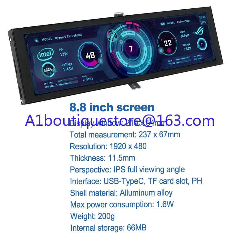 8.8 Inch IPS Secondary Screen USB Type C Connect NO HDMI-compatible LCD 1920x480 Monitor CPU RAM Sub-Screen NO AIDA64