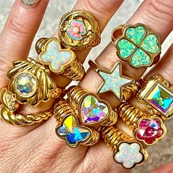 Fashion Trend Copper Plated Gold Rainbow Stone Ring for women Girl Index finger rings gift Jewelry wholesale