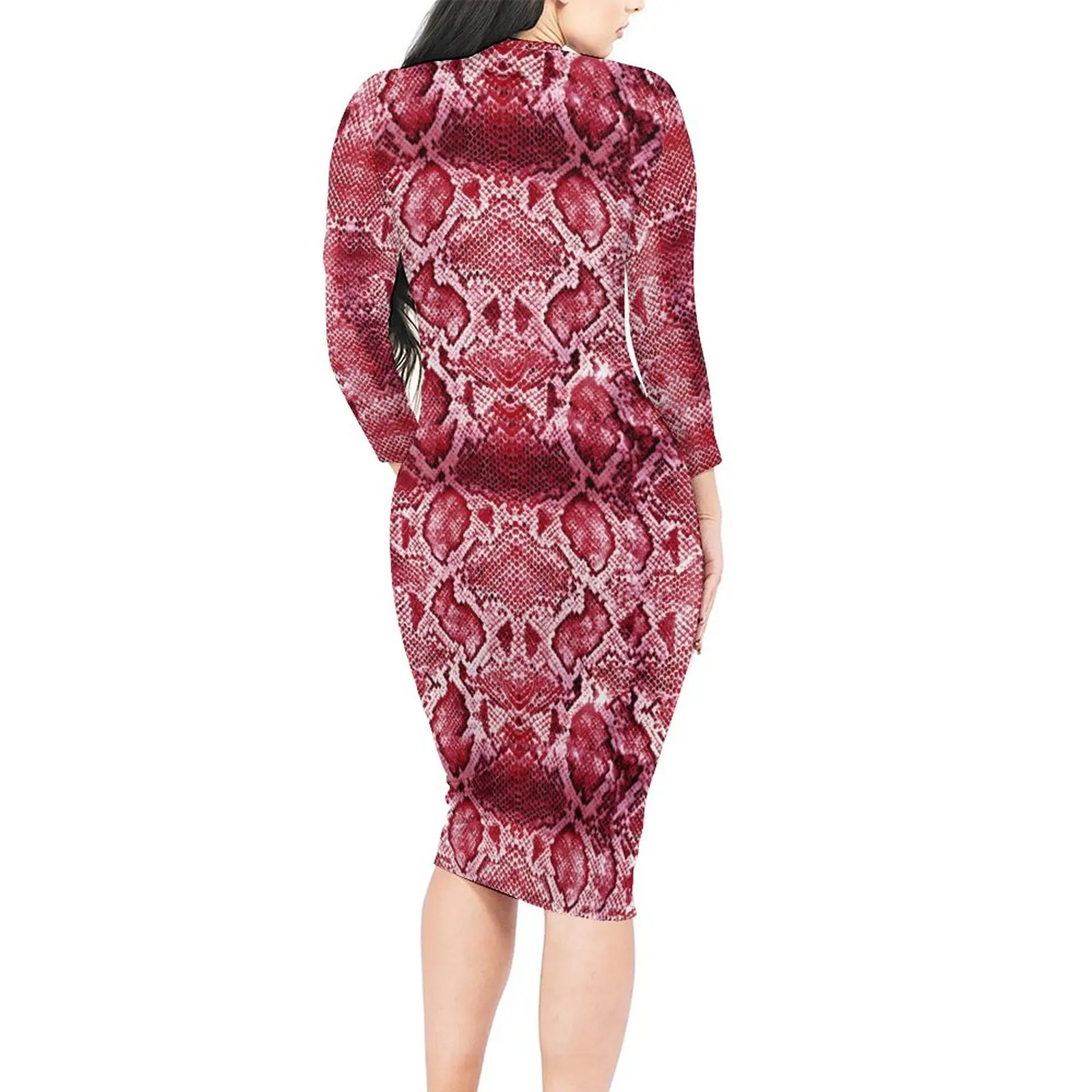 Schlangenleder, figurbetontes Kleid für Damen, rosa Schlangenmuster, Kawaii-Kleider, Herbst, langärmelig, Street-Fashion, individuelles Kleid, große Größe 4XL 5XL