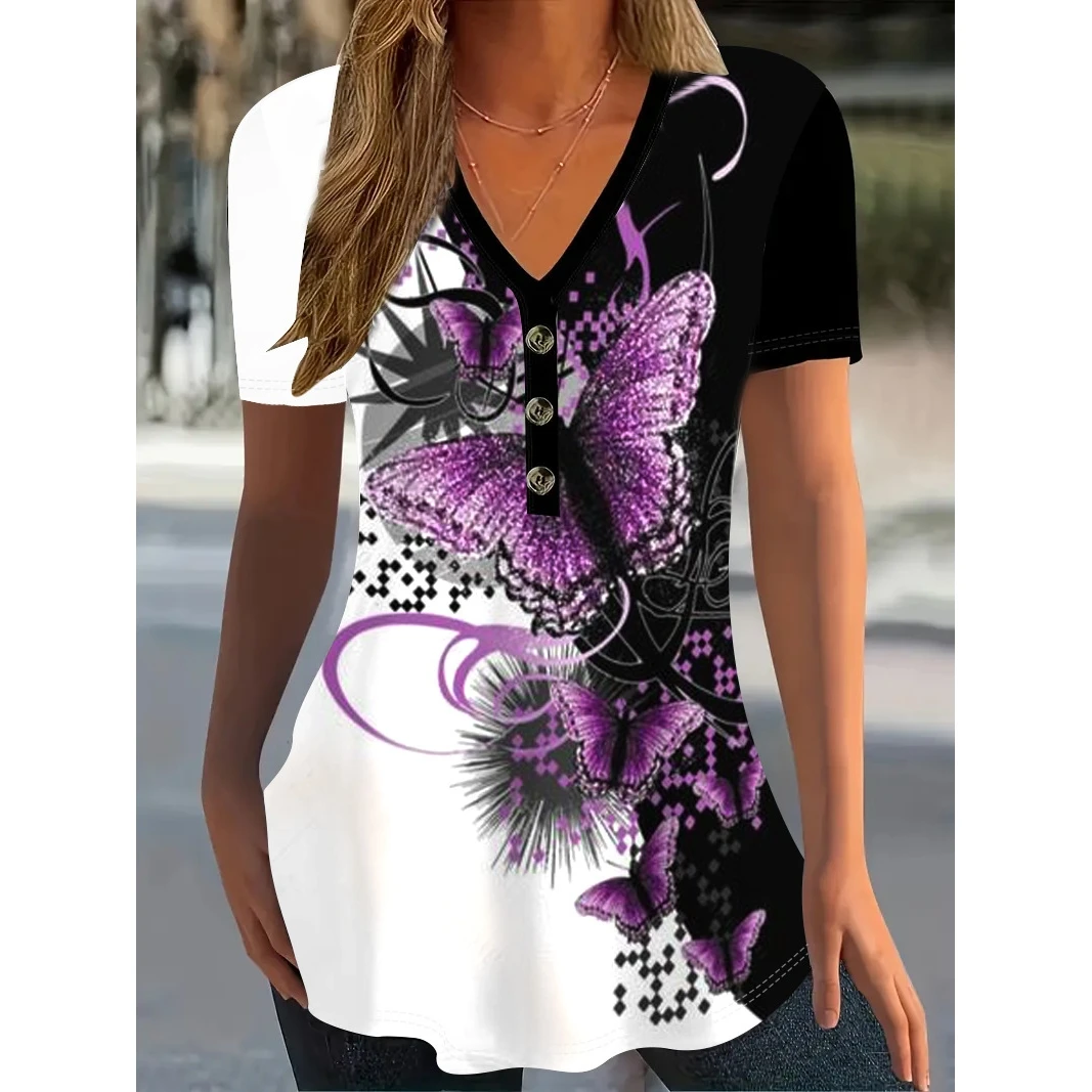 المرأة المطبوعة ort Sve زر حتى تي شيرت تخفيف Sle عارضة أعلى الأزهار منقوشة زر بالتفصيل ملابس الصيف