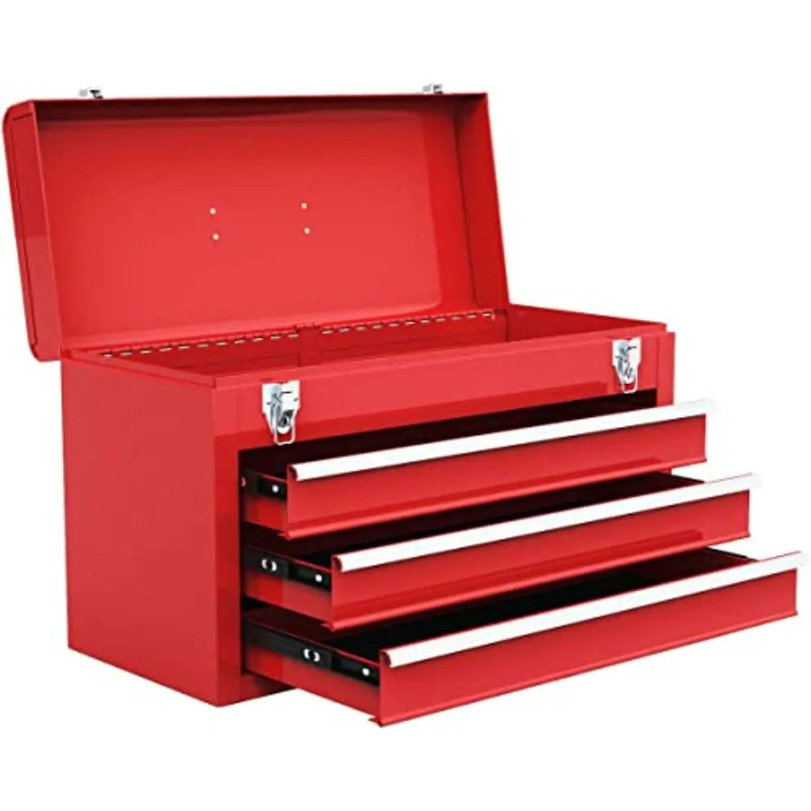 

Portable Steel Tool Box 20.5'' Toolbox w/ 3 Drawers and Top Storage Tray Tool Storage Chest w/Double Latch System Ball Bearing