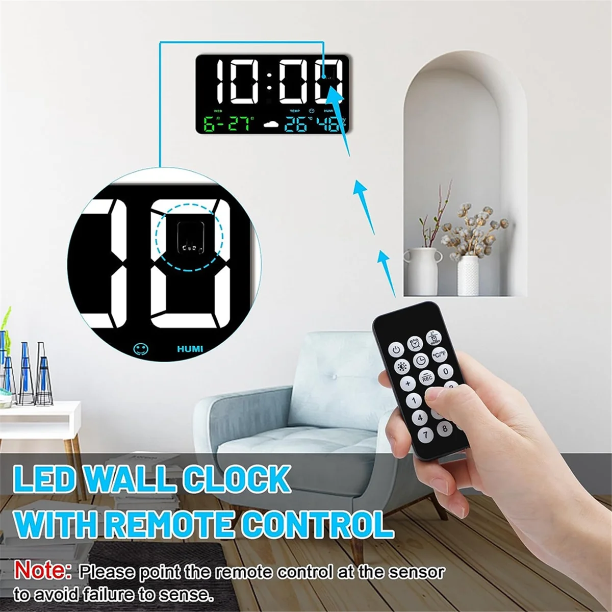 Digitale Wanduhr mit großem Display, 25 cm USB-LED-Digitalwanduhren, Wecker für Schlafzimmer mit Wetterstation