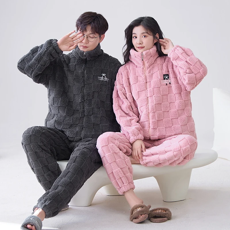 Newest Couple Pajamas Set Casual Flannel Sleepwear Women Men Warm Fleece Pijama Winter Lovers Kimono Home Clothing