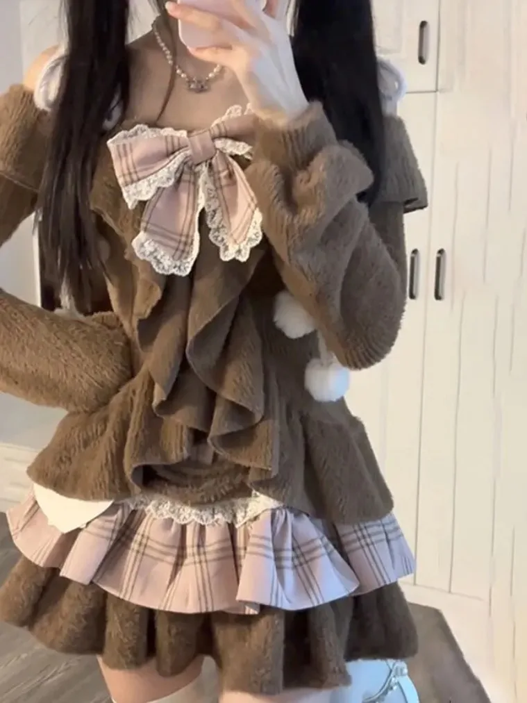 اليابانية Kawaii خمر الدعاوى النساء Y2k محبوك سترة + منقوشة التنانير الصغيرة 2000s ريترو 2 قطعة تنورة مجموعات الربيع ملابس أنيقة