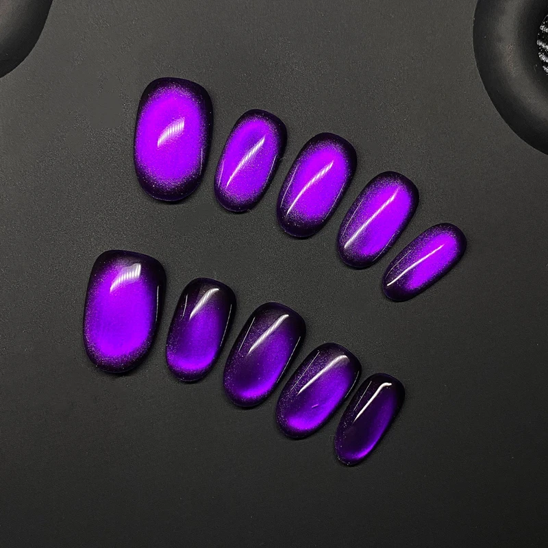 10 個手作りショートオーバルプレス爪キャットアイグリッター付け爪マニキュアアートウェアラブル粘着付け爪パープルヒント