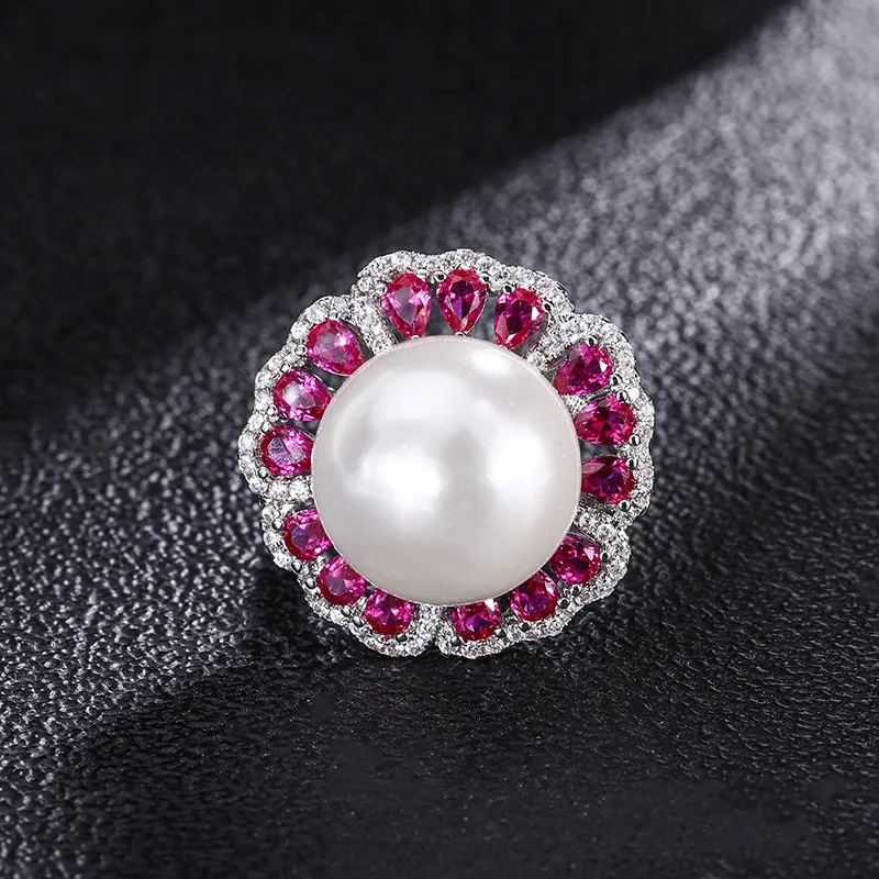 Jewelry Inlaid with White Shell Pearl Light Flower Stamen Women's Fashion Ring Pendant Set Wholesale Beads 16mm