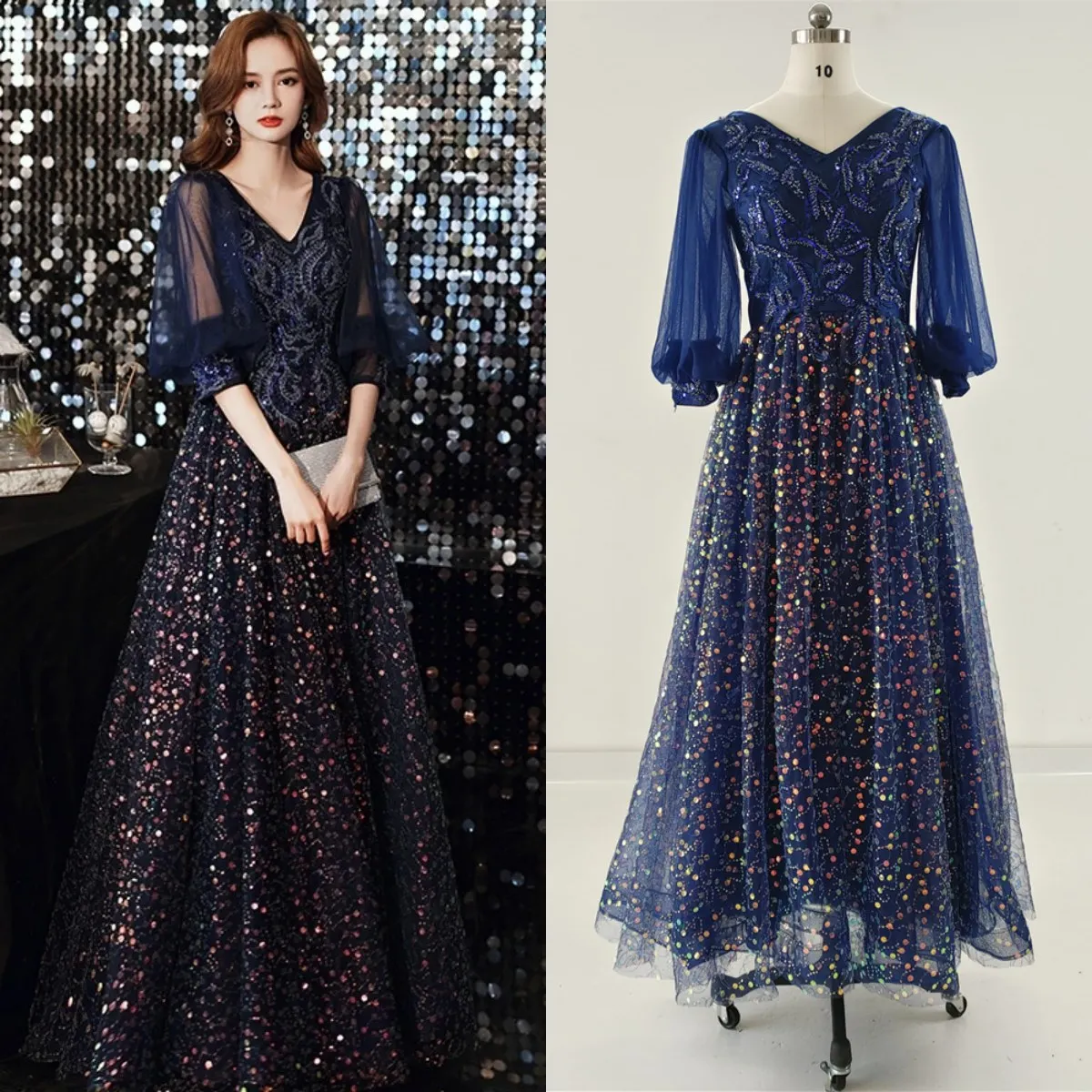 Evening Dress Navy Blue Sequins Bling V-Neck Half Sleeves A-Line Floor-Length Plus size Woman Formal Party Gowns Customization