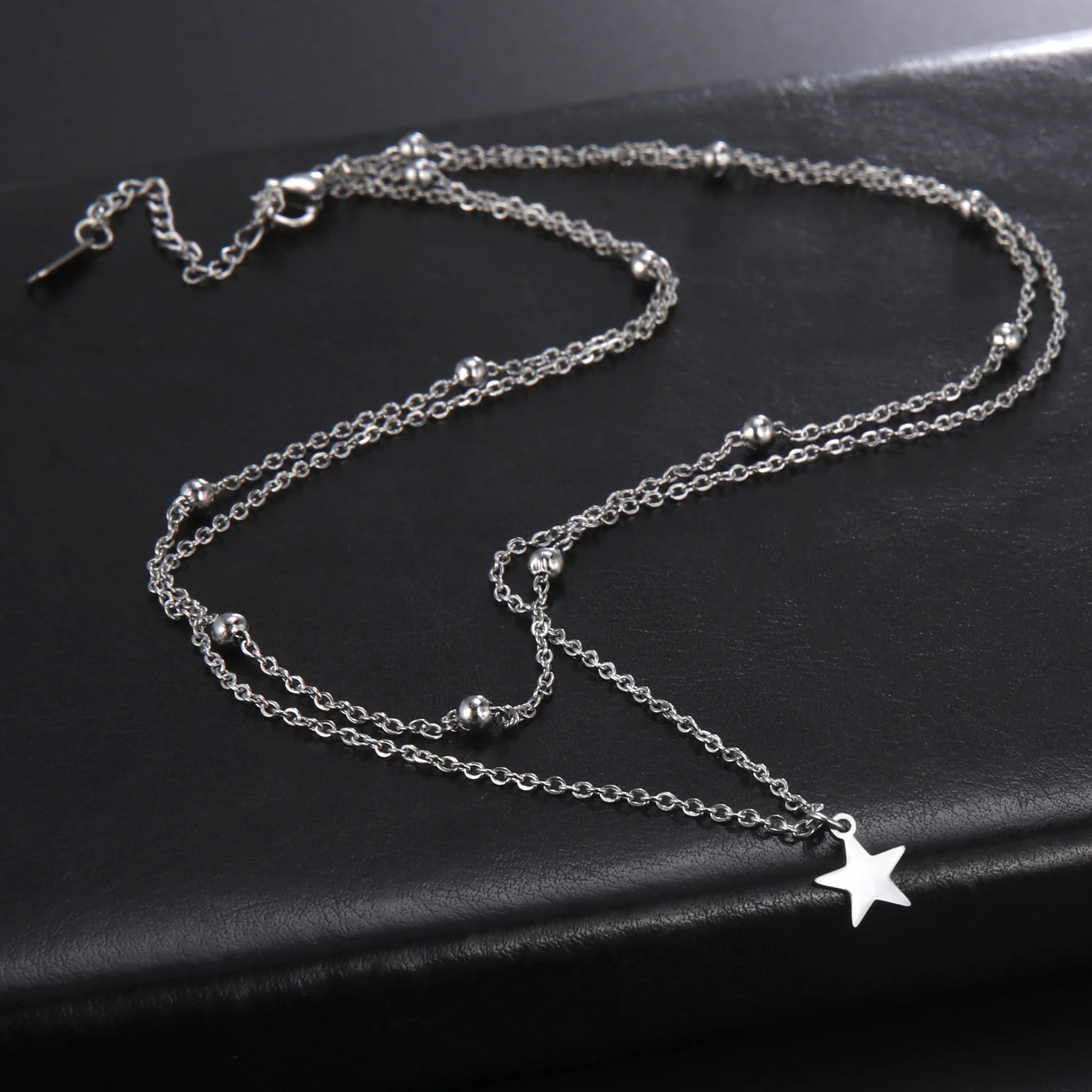 Double Layer Star Pendant Necklace Stainless Steel Bead Necklace Fashion Women's Choker Jewelry Accessories for Birthday Gift