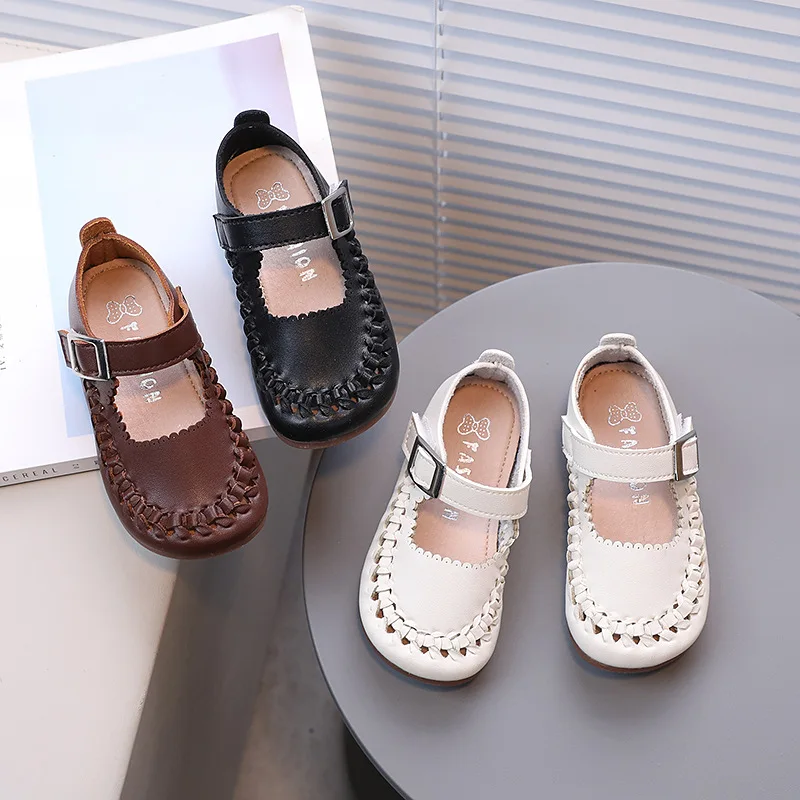 

Туфли принцессы для девочек, плетеные оборки, три цвета, детские туфли на плоской подошве в стиле ретро, 21–35, детская обувь из искусственной кожи на четыре сезона, на липучке